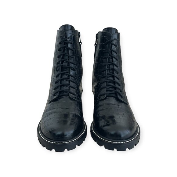 Reformation Amelia Croc-Embossed Black Leather Lace Up Combat Boots | Size 7.5 - Picture 5 of 12